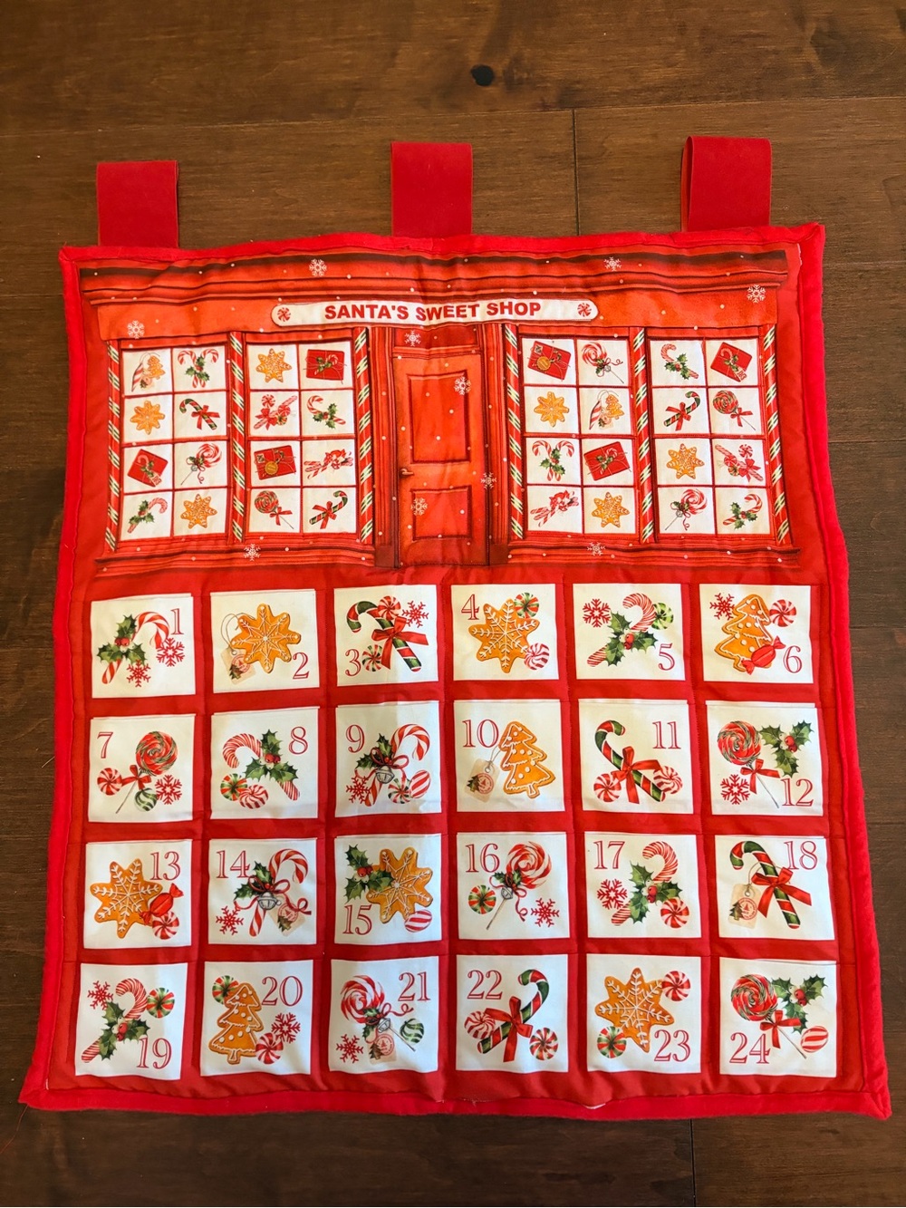 Santa's Sweet Shop Red Holiday Advent Calendar Wall Hanging